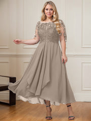 A-line Boat Neck Illusion Asymmetrical Lace Chiffon Mother of the Bride Dress With Cascading Ruffles Sequins