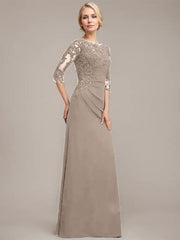 A-line Scoop Floor-Length Chiffon Lace Mother of the Bride Dress With Sequins Beading Pleated