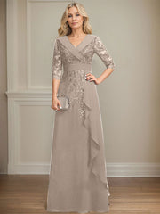 A-line Collared V-Neck Floor-Length Lace Chiffon Mother of the Bride Dress With Sequins Cascading Ruffles