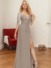 A-Line V-Neck 1/2 Sleeves Floor-Length Chiffon Mother Of The Bride Dresses With Lace
