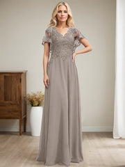 A-line V-Neck Floor-Length Lace Chiffon Mother of the Bride Dress With Sequins
