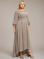 A-line Scoop Asymmetrical Chiffon Mother of the Bride Dress With Pleated Appliques Lace