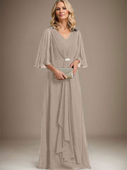 A-line V-Neck Floor-Length Chiffon Mother of the Bride Dress With Cascading Ruffles Crystal Brooch