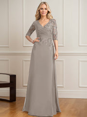 A-line V-Neck Floor-Length Lace Chiffon Mother of the Bride Dress With Pleated Sequins