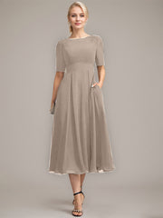 A-line Scoop Tea-Length Chiffon Mother of the Bride Dress With Appliques Lace Sequins