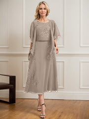 A-line Scoop Tea-Length Lace Chiffon Mother of the Bride Dress With Sequins
