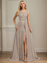 Sheath/Column Scoop Illusion Floor-Length Detachable Chiffon Lace Mother of the Bride Dress With Sequins Beading