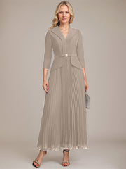 A-line Collared V-Neck Ankle-Length Chiffon Mother of the Bride Dress With Beading Pleated
