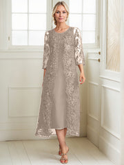 A-line Scoop Tea-Length Lace Chiffon Mother of the Bride Dress