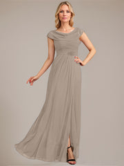 A-line Scoop Floor-Length Mesh Mother of the Bride Dress With Pleated Beading