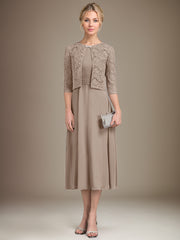 A-line Scoop Tea-Length Chiffon Mother of the Bride Dress With Pleated