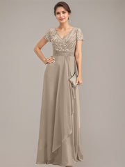 A-line V-Neck Floor-Length Chiffon Lace Mother of the Bride Dress With Beading Sequins Cascading Ruffles