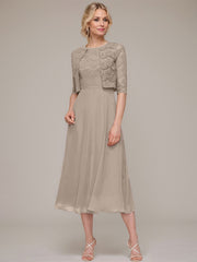 A-line/Princess Scoop Tea-Length Chiffon Mother of the Bride Dress With Lace Jacket