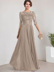A-line Scoop Illusion Floor-Length Lace Chiffon Mother of the Bride Dress With Pleated Sequins