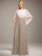 A-line Scoop Floor-Length Lace Sequin Chiffon Mother of the Bride Dress With Pleated