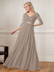 A-Line Floor-Length V-Neck Lace Chiffon Mother of the Bride Dress