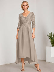A-line V-Neck Asymmetrical Chiffon Lace Mother of the Bride Dress With Pleated Beading
