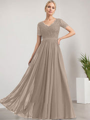A-line V-Neck Floor-Length Lace Chiffon Mother of the Bride Dress