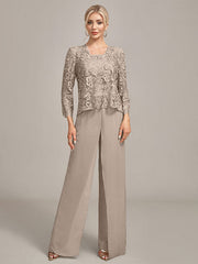 Silver Chiffon Pant and Lace Top Mother of The Bride Wide Pant Suits