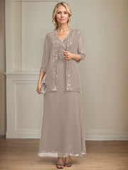 A-line V-Neck Ankle-Length Lace Sequin Chiffon Mother of the Bride Dress