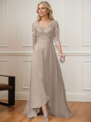 A-Line V-Neck 3/4 Sleeves Chiffon Mother Of The Bride Dresses With Lace