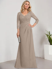 Sheath/Column V-Neck Illusion Floor-Length Lace Chiffon Mother of the Bride Dress With Pleated Sequins