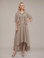 A-line V-Neck Asymmetrical Chiffon Mother of the Bride Dress With Beading Sequins