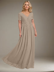 A-line V-Neck Floor-Length Chiffon Mother of the Bride Dress With Appliques Lace