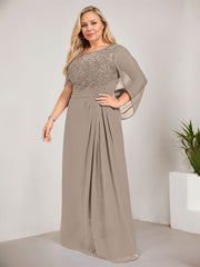 A-line Scoop Illusion Floor-Length Lace Chiffon Mother of the Bride Dress With Sequins Pleated