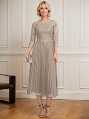 A-line Scoop Illusion Tea-Length Lace Chiffon Mother of the Bride Dress With Sequins Pleated