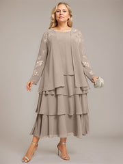 A-line Scoop Tea-Length Chiffon Mother of the Bride Dress With Cascading Ruffles