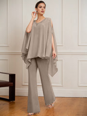 Separates Jumpsuit/Pantsuit V-Neck Floor-Length Chiffon Mother of the Bride Dress With Beading