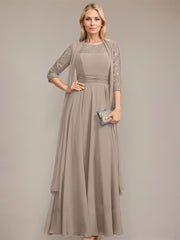 A-line Scoop Illusion Floor-Length Lace Chiffon Mother of the Bride Dress With Pleated