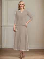 Separates A-line Scoop Tea-Length Chiffon Mother of the Bride Dress With Sequins Beading