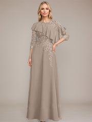 A-line Scoop Illusion Floor-Length Chiffon Lace Mother of the Bride Dress With Ruffle Sequins Beading