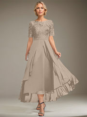 A-line Scoop Illusion Asymmetrical Lace Chiffon Mother of the Bride Dress
