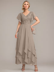 A-line V-Neck Ankle-Length Lace Chiffon Mother of the Bride Dress With Cascading Ruffles