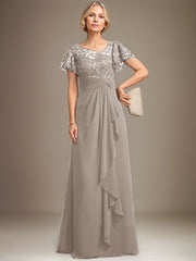 A-line Asymmetrical Illusion Floor-Length Lace Chiffon Mother of the Bride Dress With Cascading Ruffles Sequins