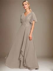 A-line V-Neck Floor-Length Lace Chiffon Mother of the Bride Dress With Cascading Ruffles Sequins