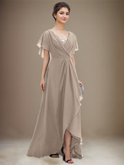 A-line V-Neck Asymmetrical Chiffon Mother of the Bride Dress With Sequins Beading Cascading Ruffles