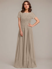 A-line Scoop Illusion Floor-Length Lace Chiffon Mother of the Bride Dress With Sequins