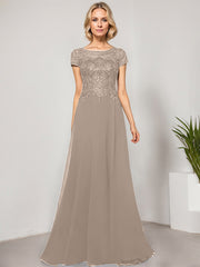 A-line Scoop Illusion Floor-Length Lace Chiffon Evening Dress With Sequins