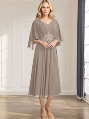 A-line V-Neck Tea-Length Chiffon Mother of the Bride Dress With Pleated Sequins Appliques Lace Beadind