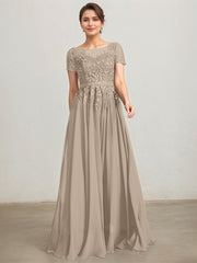 A-line Illusion Scoop Floor-Length Lace Chiffon Mother of the Bride Dress With Sequins