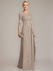 A-line Scoop Illusion Floor-Length Chiffon Lace Mother of the Bride Dress With Beading Sequins Cascading Ruffles