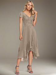 A-line V-Neck Asymmetrical Lace Chiffon Mother of the Bride Dress