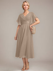A-line V-Neck Tea-Length Chiffon Mother of the Bride Dress With Pleated Beading