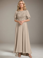 A-line Scoop Illusion Asymmetrical Chiffon Lace Mother of the Bride Dress With Beading