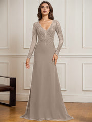Sheath/Column V-Neck Detachable Sweep Train Lace Tulle Chiffon Mother of the Bride Dress With Sequins