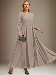 A-line V-Neck Ankle-Length Chiffon Lace Mother of the Bride Dress With Rhinestone